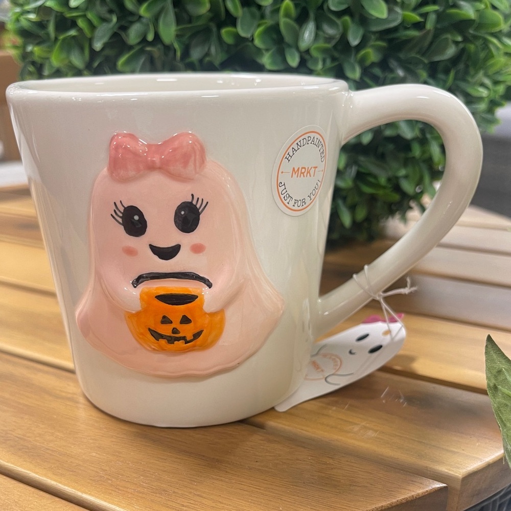 Pink Halloween Ghost Girl w/Pink Bow & Pumpkin Ceramic Coffee mug NWT
